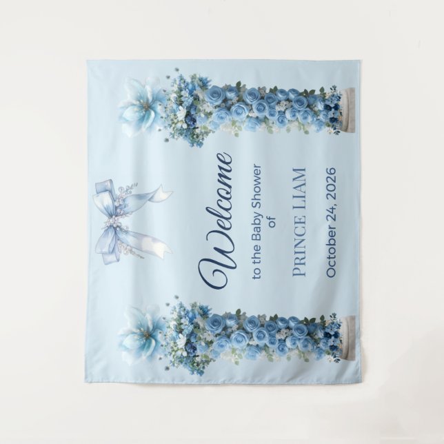Blue Floral Prince Liam Baby Shower Backdrop (Front)