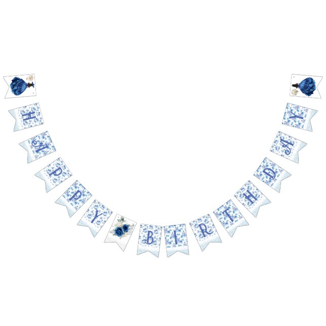 Blue Floral Princess Girl Birthday Party Bunting Flags (All)