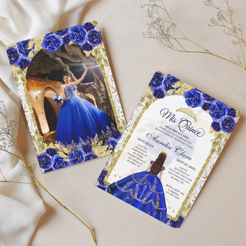 Blue Floral Princess Gold Arch Quinceanera Photo Invitation