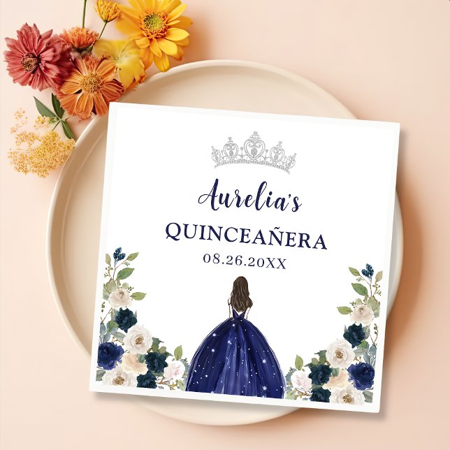 Blue Floral Princess Quinceanera Birthday Napkins (Creator Uploaded)