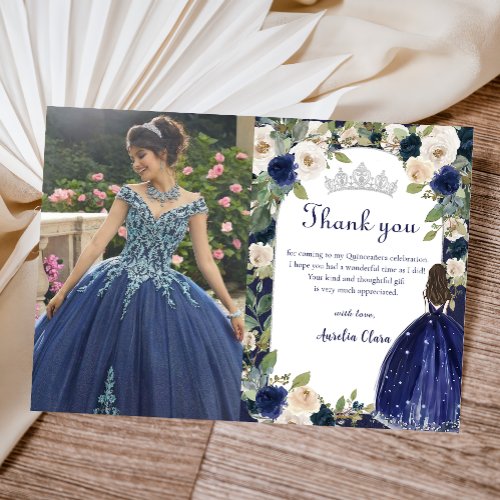 Blue Floral Princess Quinceanera Birthday Photo Thank You Card
