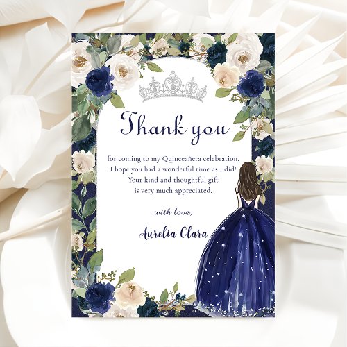 Blue Floral Princess Quinceanera Birthday Thank You Card