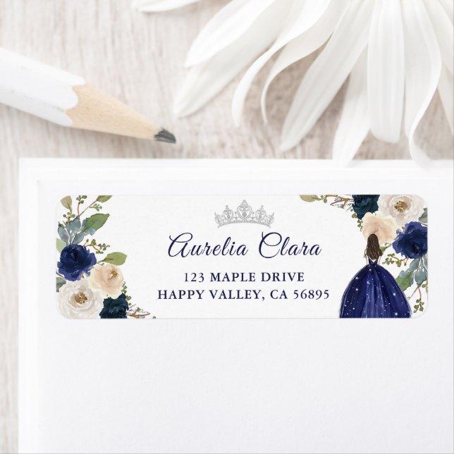 Blue Floral Princess Quinceanera Return Address Label (Insitu)