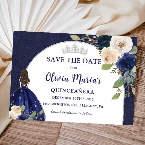 Blue Floral Princess Quinceaera Save The Date