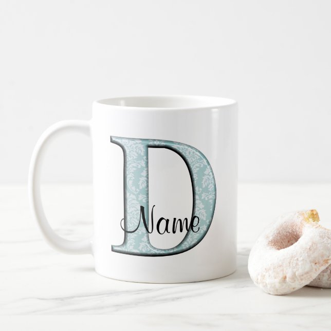 Blue Floral Print D monogram initials Coffee Mug (With Donut)