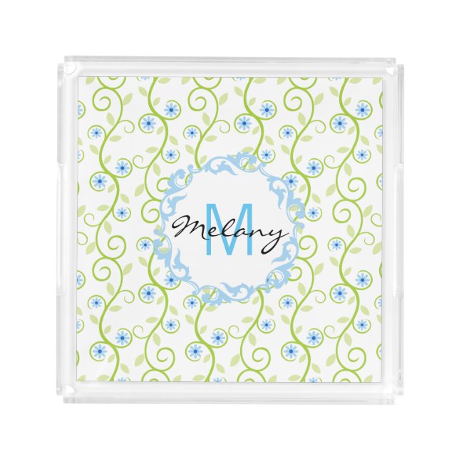 Blue Floral Print Monogram Acrylic Tray (Front)