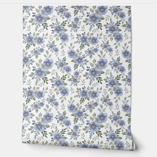 Blue Floral Print Pattern Wallpaper (Unrolling)