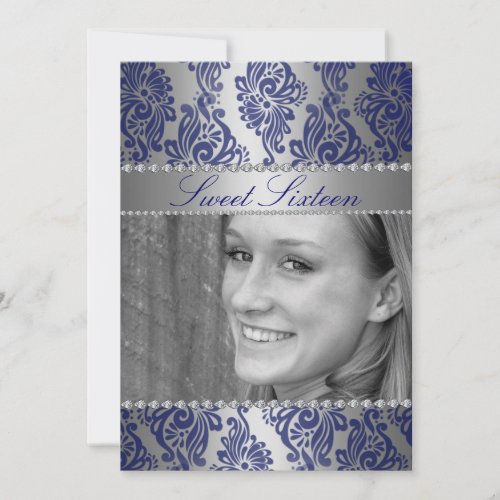 Blue Floral Print Photo Sweet 16 Birthday invite