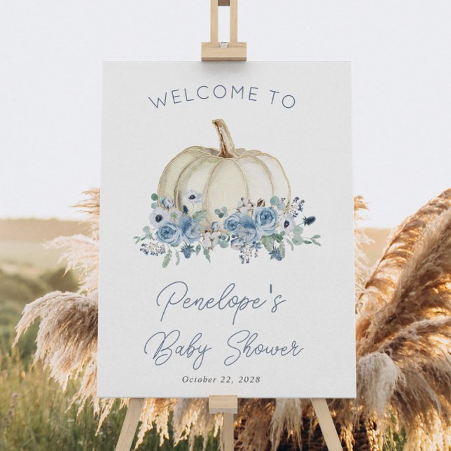 Blue Floral Pumpkin Autumn Baby Shower Welcome  Foam Board (Creator Uploaded)