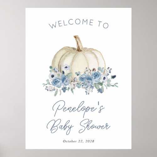 Blue Floral Pumpkin Autumn Baby Shower Welcome  Poster