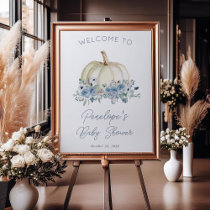 Blue Floral Pumpkin Autumn Baby Shower Welcome  Poster