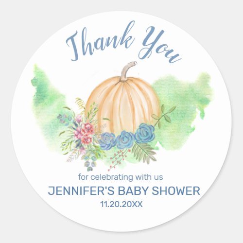 Blue Floral Pumpkin Baby Shower Thank You Classic Round Sticker