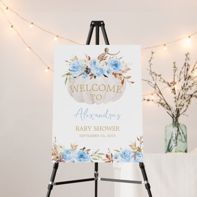 Blue Floral Pumpkin Baby Shower Welcome Sign (In Situ (Stand))
