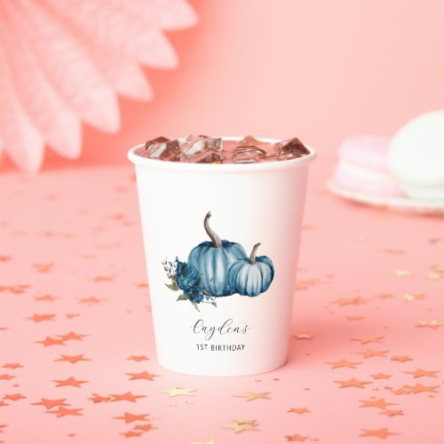 Blue Floral Pumpkin Birthday Party Paper Cups