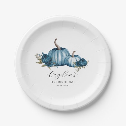 Blue Floral Pumpkin Birthday Party Paper Plates