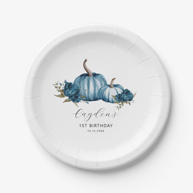 Blue Floral Pumpkin Birthday Party Paper Plates (Front)
