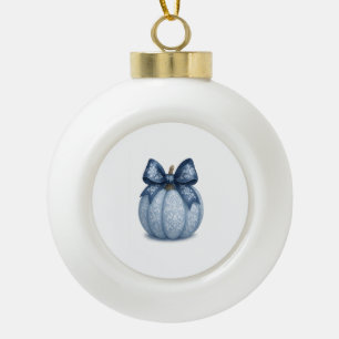 Blue Floral Pumpkin Ceramic Ball Christmas Ornament