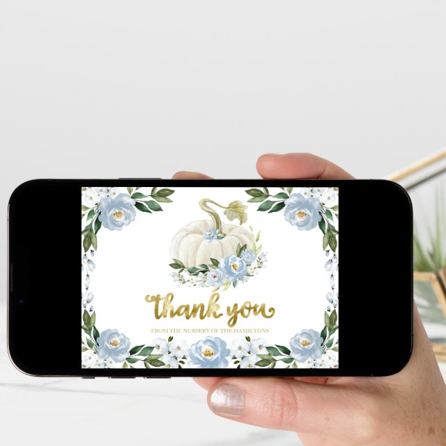 Blue Floral Pumpkin Fall Baby Shower Thank You Card (Front Digital)