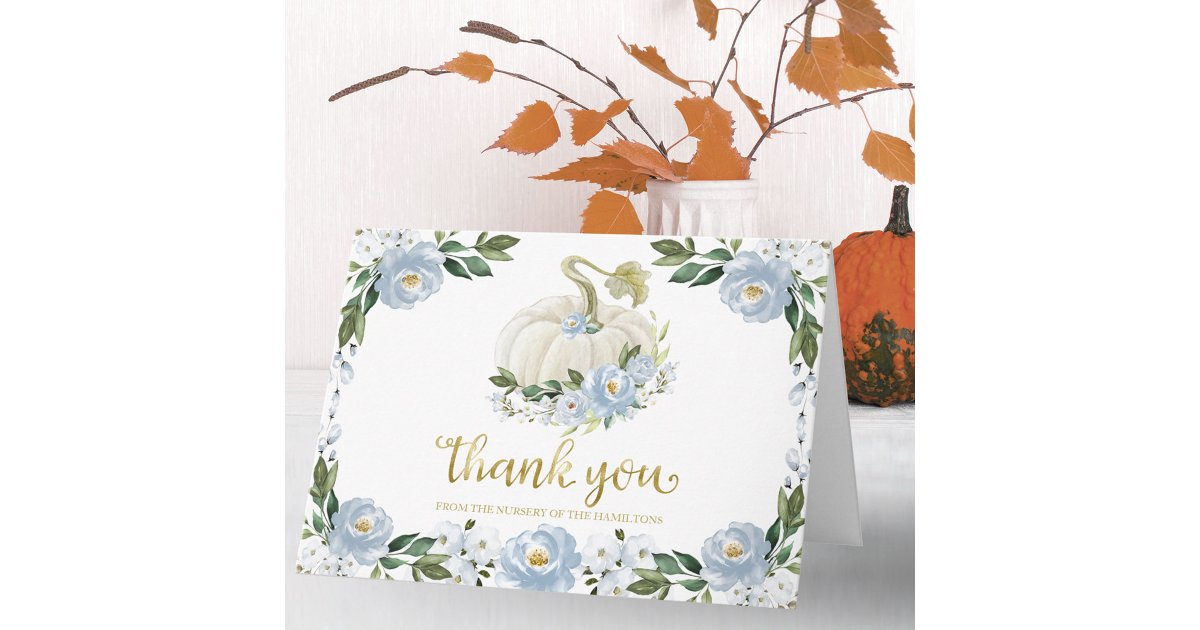 Blue Floral Pumpkin Fall Baby Shower Thank You Card | Zazzle
