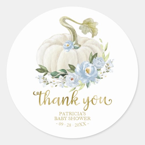 Blue Floral Pumpkin Fall Baby Shower Thank You Classic Round Sticker