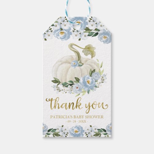 Blue Floral Pumpkin Fall Baby Shower Thank You Gift Tags