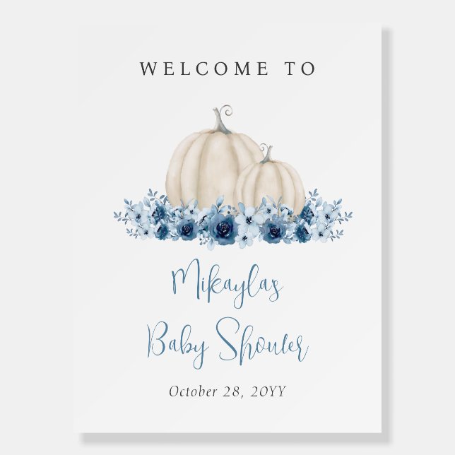 Blue Floral Pumpkin Fall Baby Shower Welcome Sign (Front)