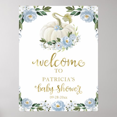 Blue Floral Pumpkin Fall Baby Shower Welcome Sign 