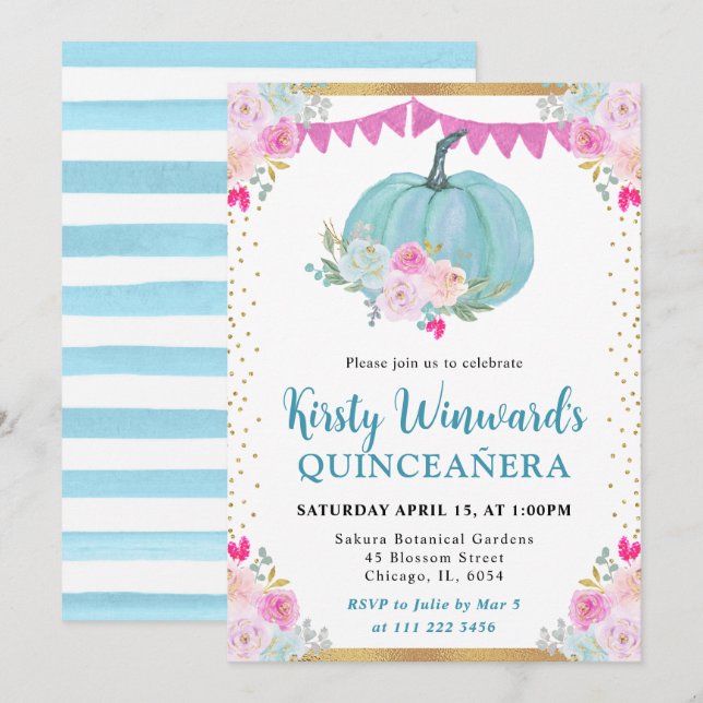 Blue Floral Pumpkin Fall Quinceanera Invitation (Front/Back)