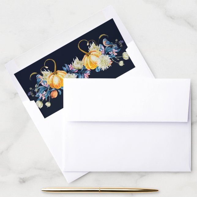 Blue Floral Pumpkin Fall Wedding Envelope Liner (Desk)