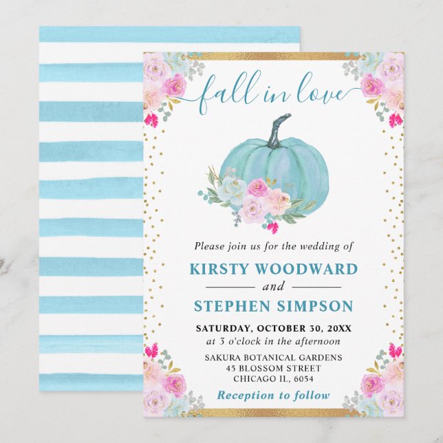 Blue Floral Pumpkin Fall Wedding Invitation (Front/Back)