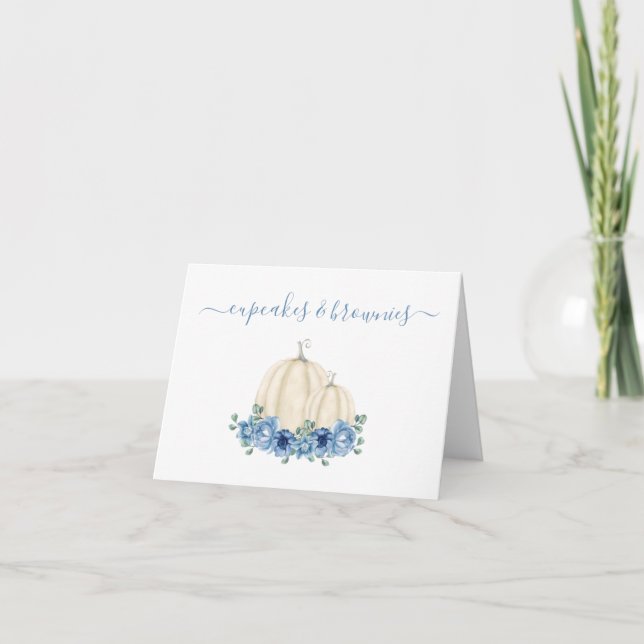 Blue Floral Pumpkin Wedding Food Buffet Label Card (Front)