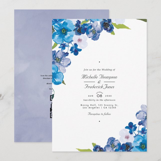 Blue Floral QR Code RSVP Garden Wedding Invita Invitation (Front/Back)