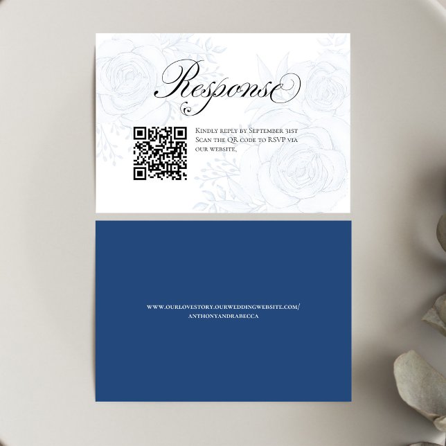 Blue Floral QR Code Wedding RSVP Insert Card (Elegant blue floral RSVP card with modern QR code for easy online replies and stylish wedding coordi)