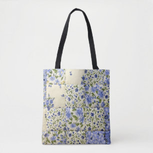 blue floral quilt design tote bag