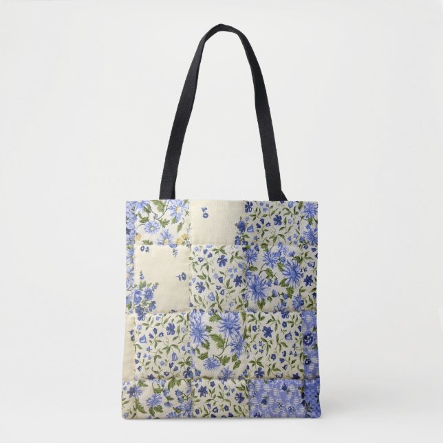 blue floral quilt design tote bag (Front)