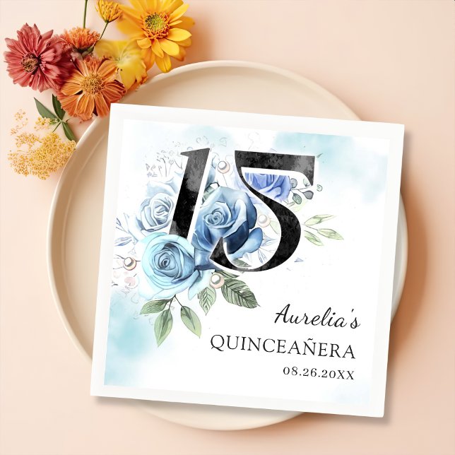 Blue Floral Quinceanera 15th Birthday Napkins (Creator Uploaded)