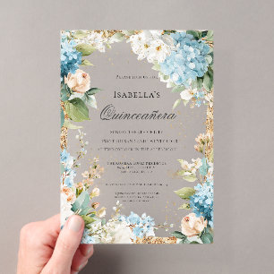 Blue Floral Quinceañera Elegant Celebration 15 Acrylic Invitations