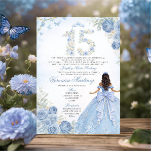 Blue Floral Quinceañera Elegant Princess Invitation