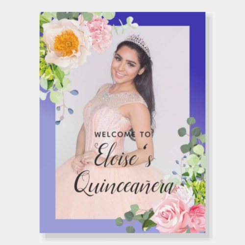 Blue Floral Quinceaera Event Board Welcome Sign