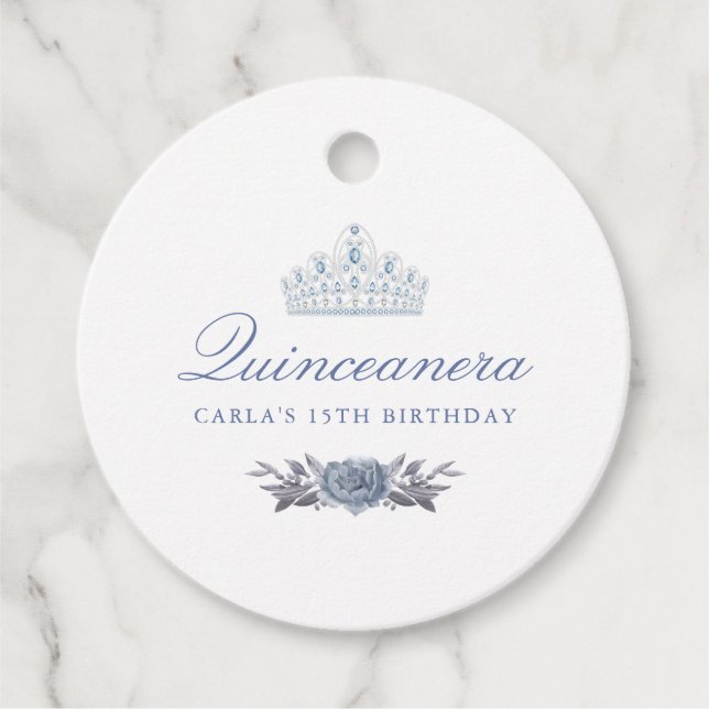 Blue Floral Quinceanera Favor Tags (Front)