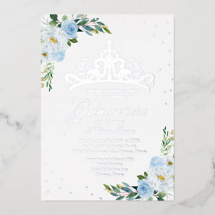 Blue Floral Quinceanera Foil Invitation