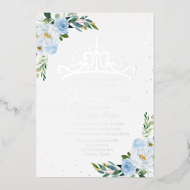 Blue Floral Quinceanera Foil Invitation (Front)