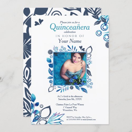 Blue Floral Quinceaera Invitation