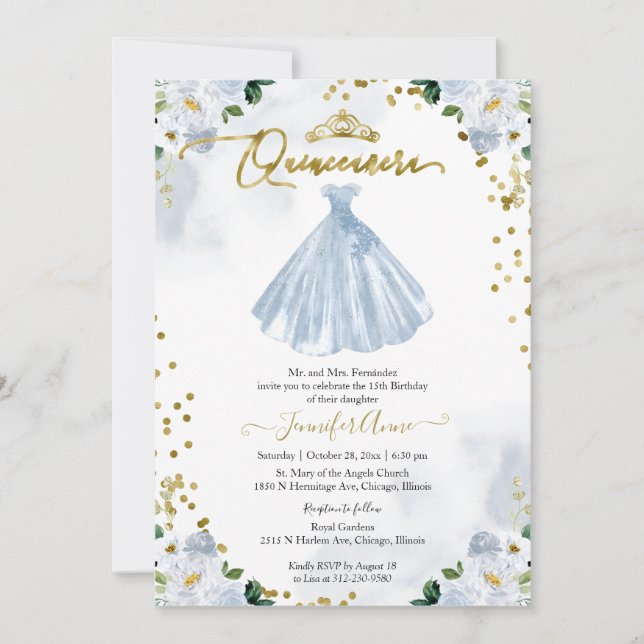 Blue Floral Quinceanera Invitation Bilingual (Front)