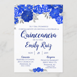 Blue Floral Quinceañera Invitation In Spanish