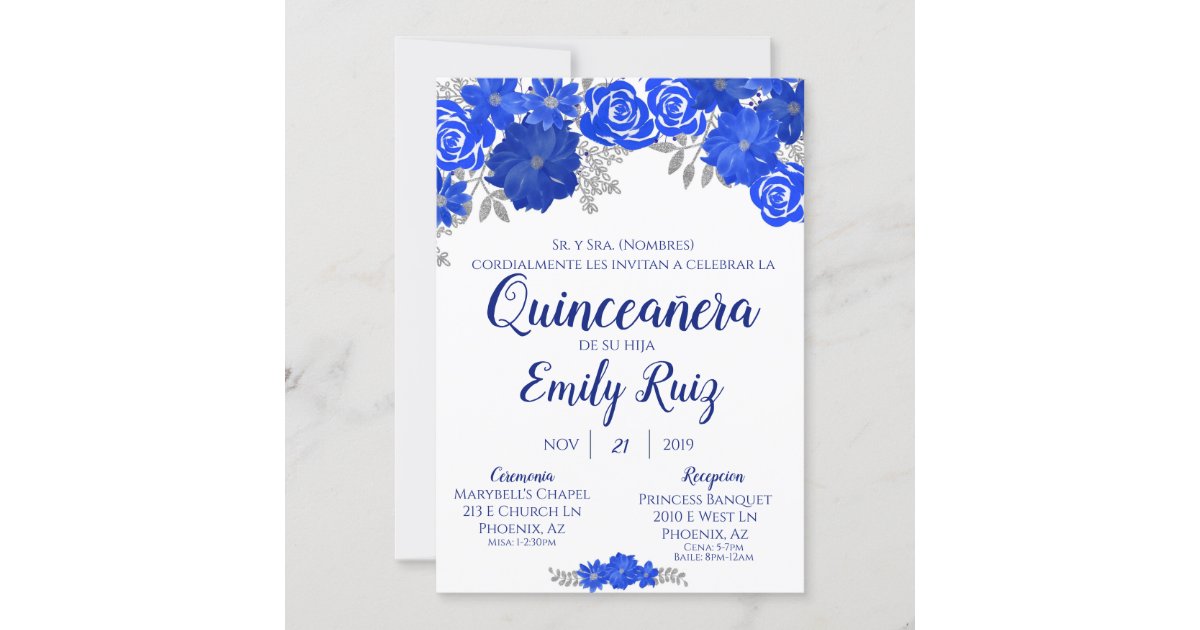 Blue Floral Quinceañera Invitation In Spanish