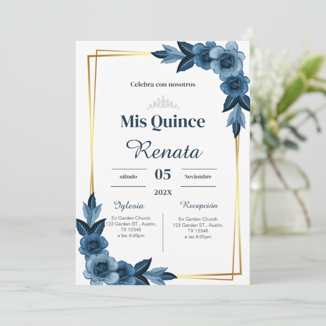 Blue Floral Quinceañera Spanish  Invitation (Standing Front)