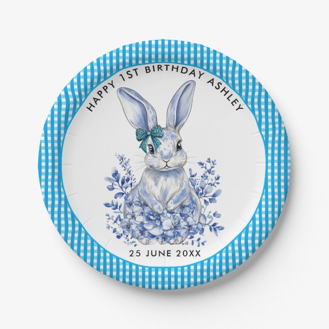  Blue Floral Rabbit 1st Birthday for Kids Paper Plates (Front)