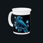Blue Floral Raven Beverage Pitcher<br><div class="desc">This design features a magical raven with bright yellow and orange wings that look like fire,  with purple crystals in the background.</div>