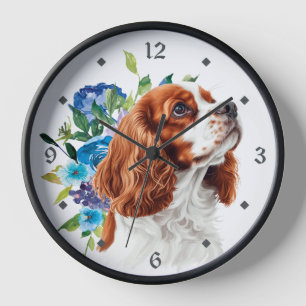 Blue Floral Red Cavalier King Charles Spaniel Dog Clock